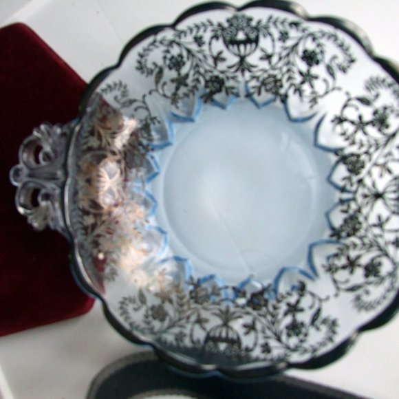 Antique CANDY Glass DISH SILVER OVERLAY SKY Blue - Picture 5 of 5